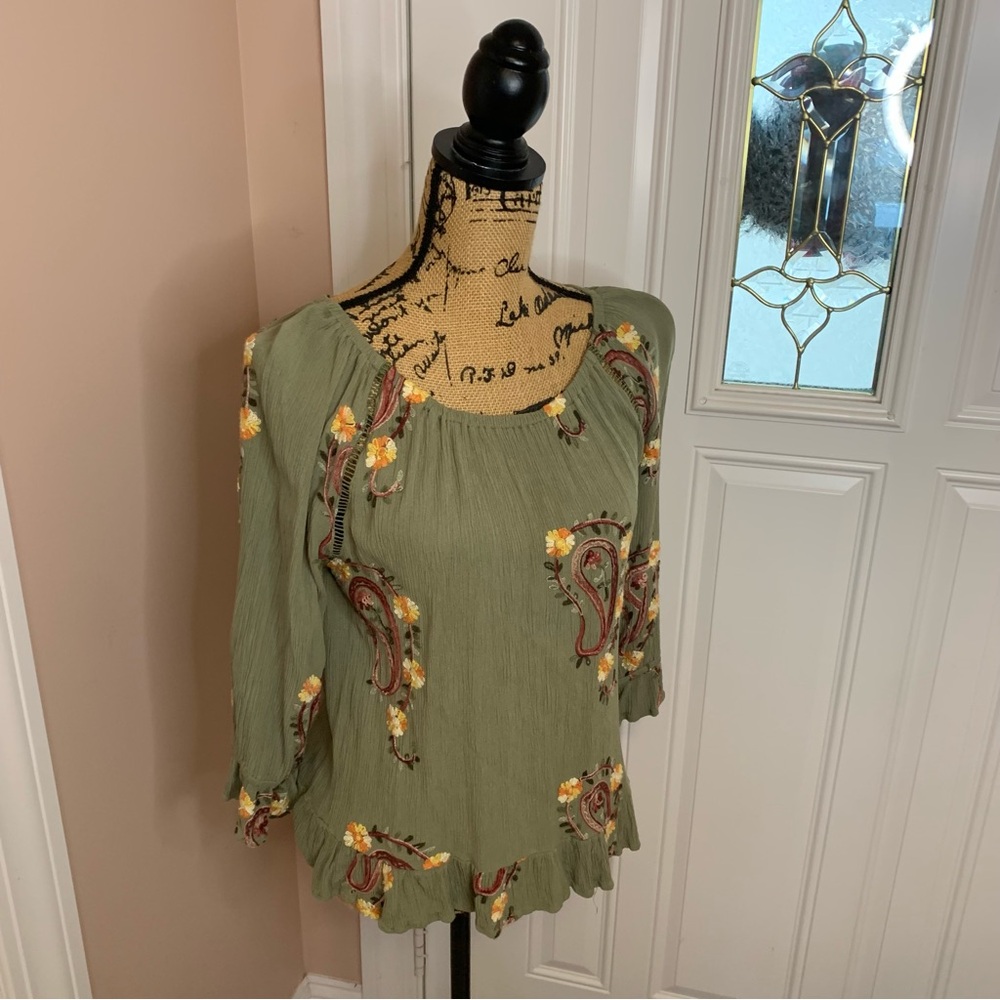 Liv Los Angeles Olive Green Embroidered Long Sleeve  Women's Top